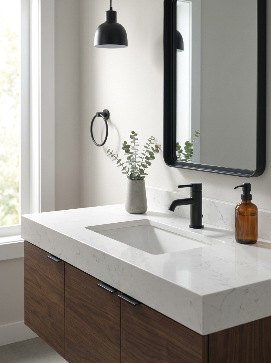 d8400d59-165c-4c19-b5de-b1cf03111610 Modern bathroom vanity with white quartz countertop, undermount sink, matte black faucet, walnut cabinets, black mirror. | Sky Rye Design Modern bathroom vanity with white quartz countertop, undermount sink, matte black faucet, walnut cabinets, black mirror.