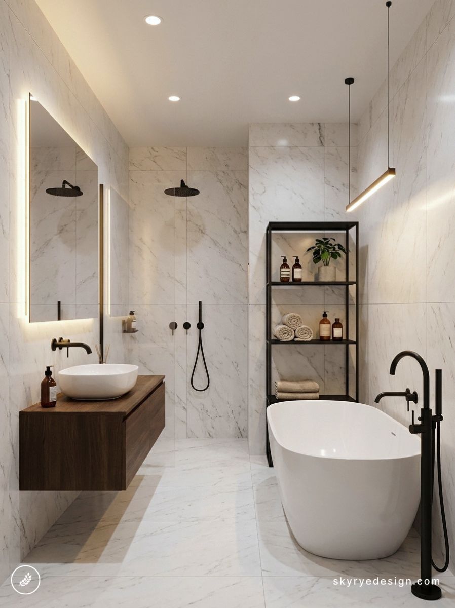 architecture-floor-plan 83 Modern luxury marble bathroom with freestanding tub, wall-mounted wood vanity, black matte fixtures and open shelving. | Sky Rye Design Modern luxury marble bathroom with freestanding tub, wall-mounted wood vanity, black matte fixtures and open shelving.