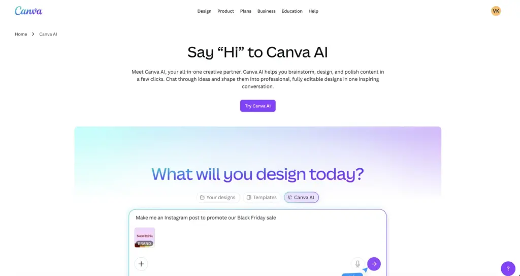 Screenshot of Canva AI homepage with 'Say Hi to Canva AI' headline, 'What will you design today?' banner.