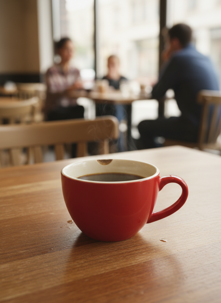 Steaming red coffee cup on wooden table in cozy cafe with blurred customers in background