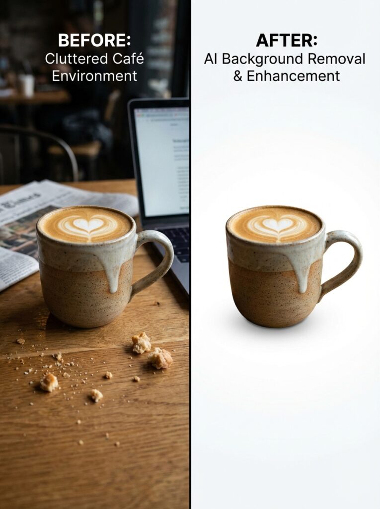 Before/after: ceramic latte mug in a cluttered café vs isolated on white background after AI background removal & enhancement