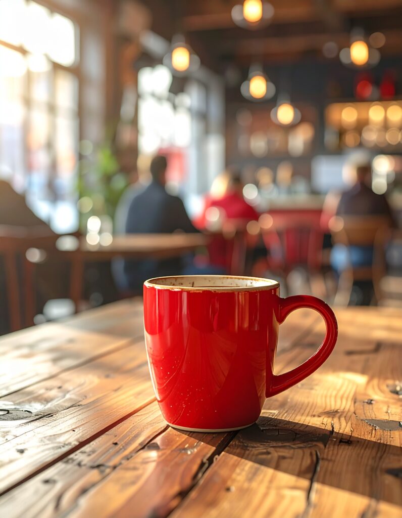 Alt text: Red coffee mug on wooden table in cozy cafe interior with warm bokeh lights and blurred patrons