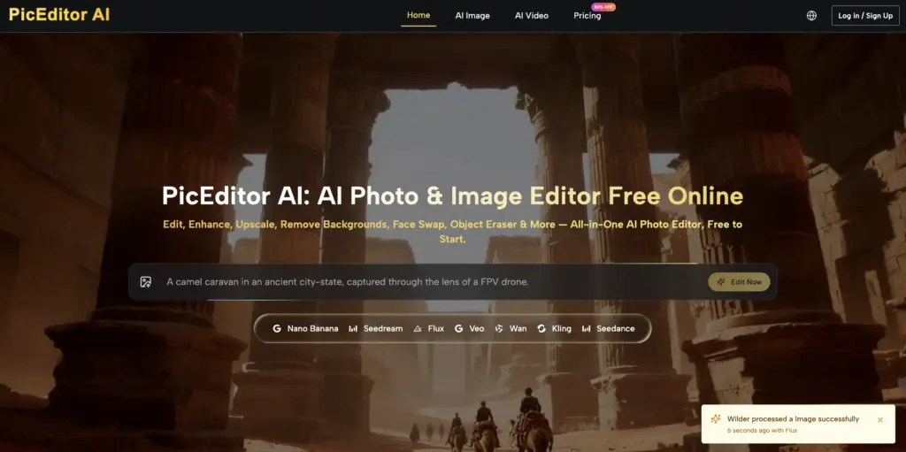 PicEditor AI website hero: ancient desert ruins with camel caravan beneath headline 'AI Photo & Image Editor Free Online'