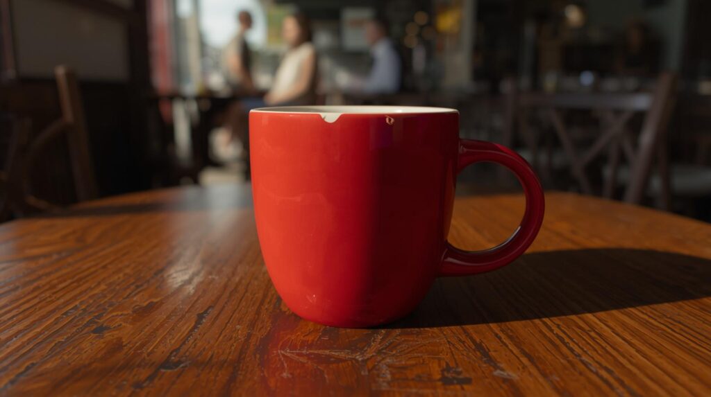 Red coffee mug on wooden table in coffee shop, close-up with blurred patrons in background