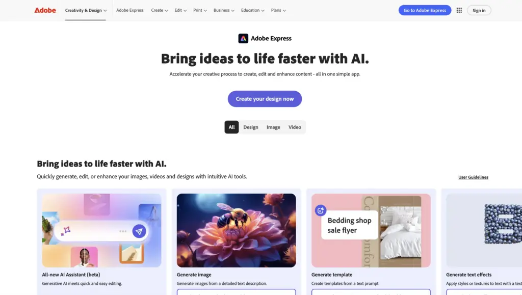Adobe Express AI homepage: Bring ideas to life faster with AI hero, Create your design CTA and template previews