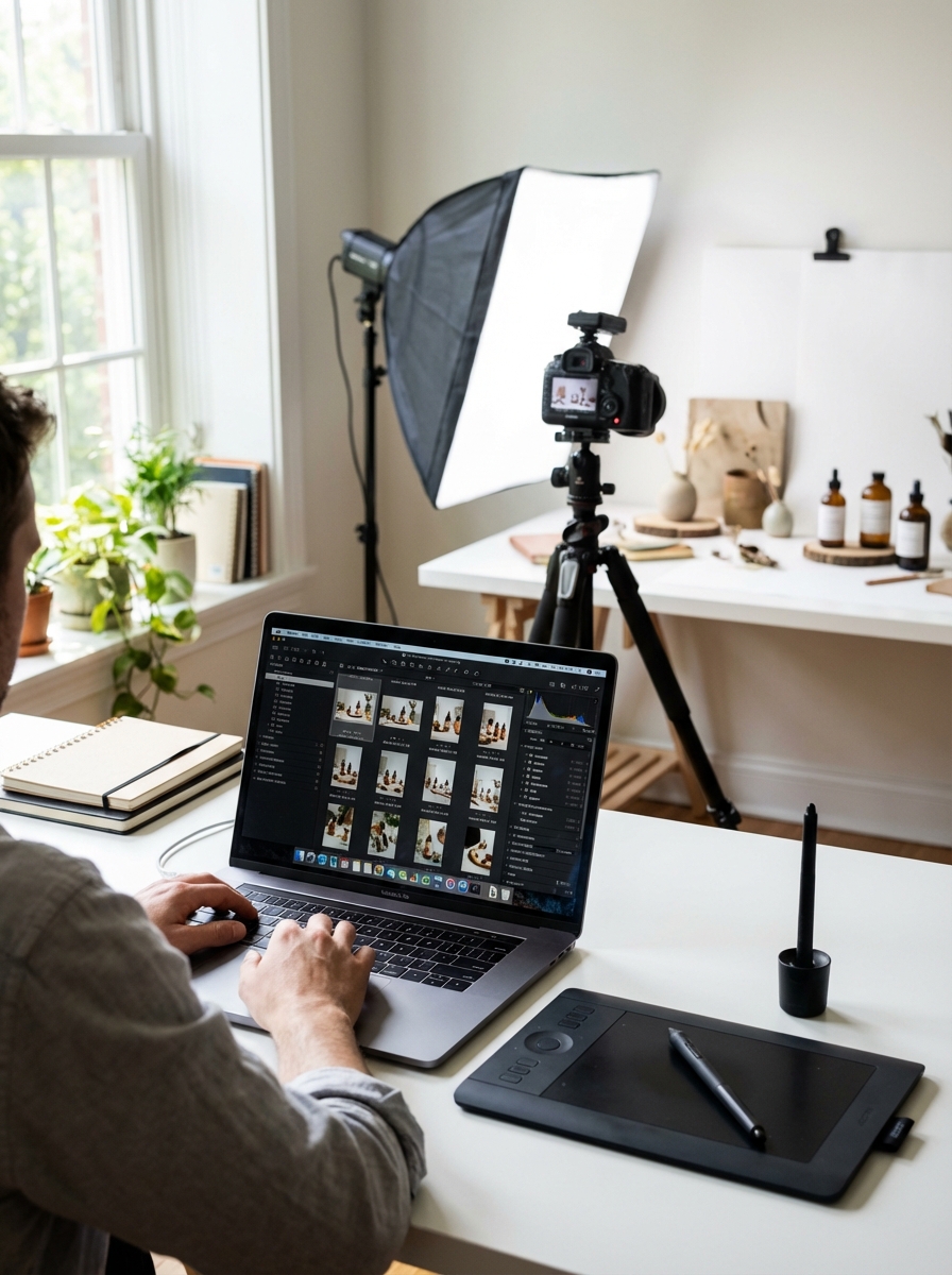 Ecommerce product photography studio with DSLR, softbox, laptop editing images and graphics tablet on desk.