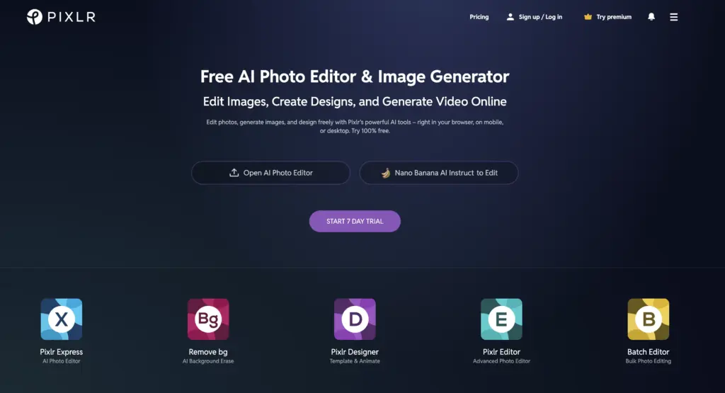 Pixlr homepage screenshot: 'Free AI Photo Editor & Image Generator' headline with buttons and icons for Pixlr apps.