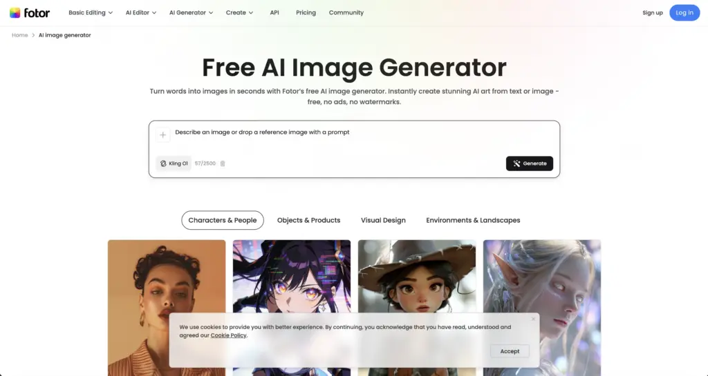 Screenshot of Fotor's Free AI Image Generator webpage showing prompt box, example image thumbnails and cookie consent banner