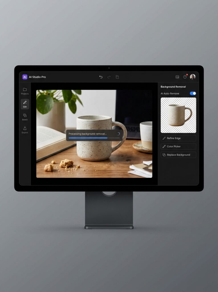 Desktop monitor displaying AI photo editor performing background removal on speckled ceramic mug on wooden table, UI visible