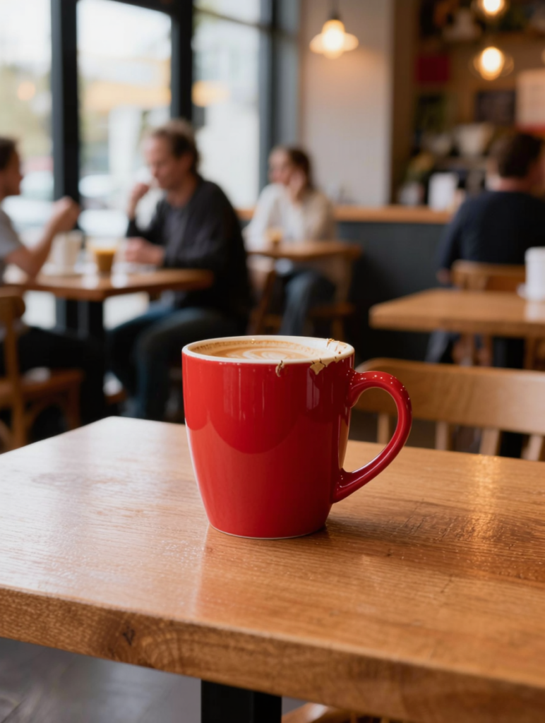 Red coffee mug with latte art on wooden table in a cozy, busy cafe with blurred patrons in the background