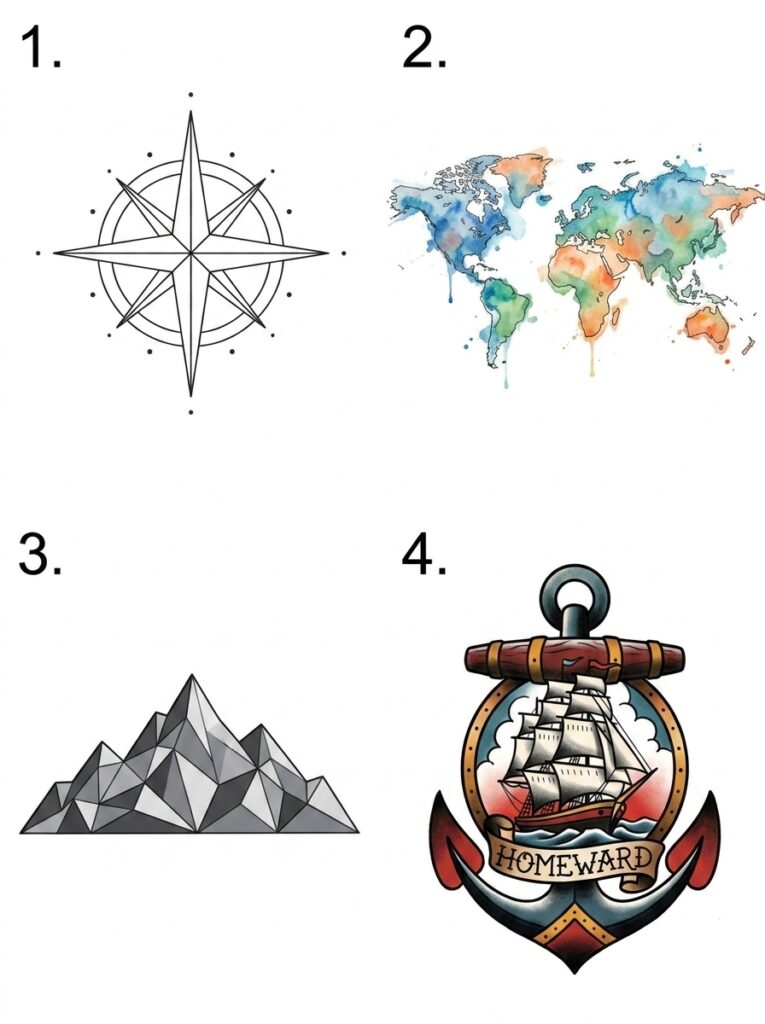 Four travel-themed designs: compass rose, watercolor world map, geometric mountains, anchor with ship and 'Homeward' banner