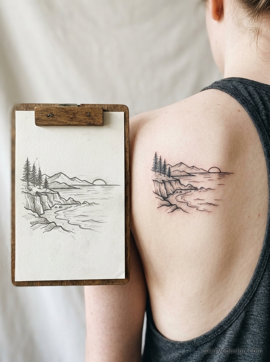 Minimal line tattoo of coastal cliffs, pine trees and setting sun on woman's upper back next to original sketch on clipboard.