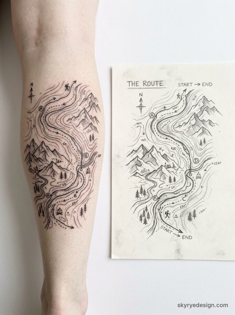 Forearm map tattoo in hand-drawn line-art style showing mountains, river, trails and compass beside original sketch