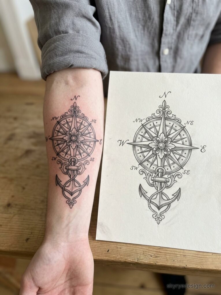 Black ink compass rose tattoo on forearm with anchor and ornate floral details beside pencil sketch design