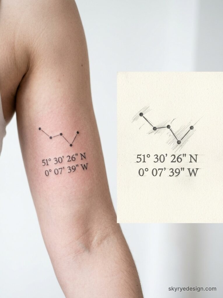 Tattoo on a forearm showing a small constellation with five dots connected by lines and coordinates 51°30′26″N, 0°07′39″W.