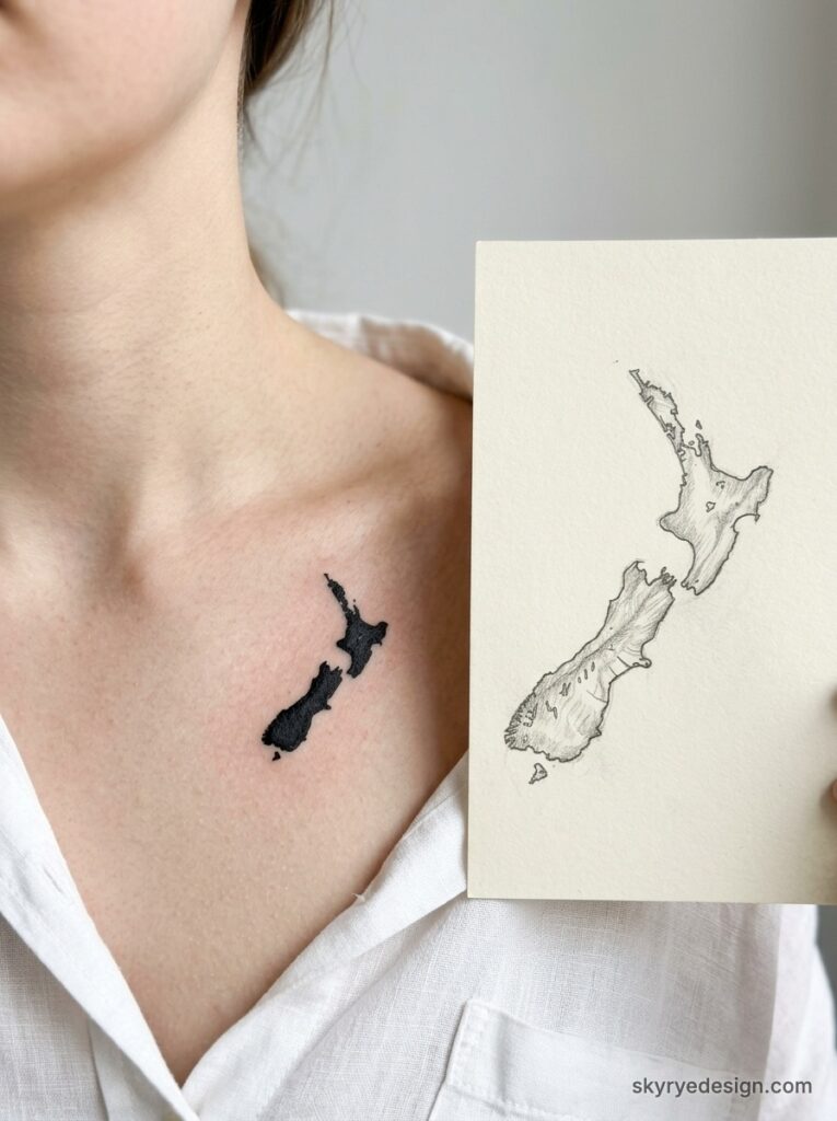 New Zealand map tattoo on collarbone beside hand-drawn map sketch, minimalist travel ink design