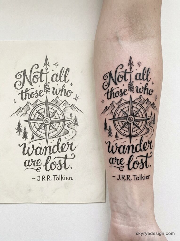 Forearm tattoo of compass, mountains and trees with hand-lettered J.R.R. Tolkien quote Not all those who wander are lost