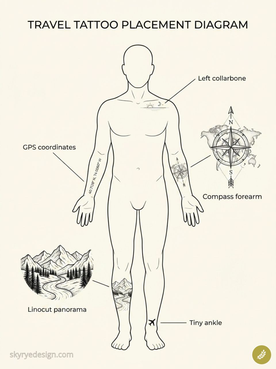 Travel tattoo diagram: compass forearm, GPS coordinates on arm, linocut panorama on leg, tiny ankle plane, left collarbone