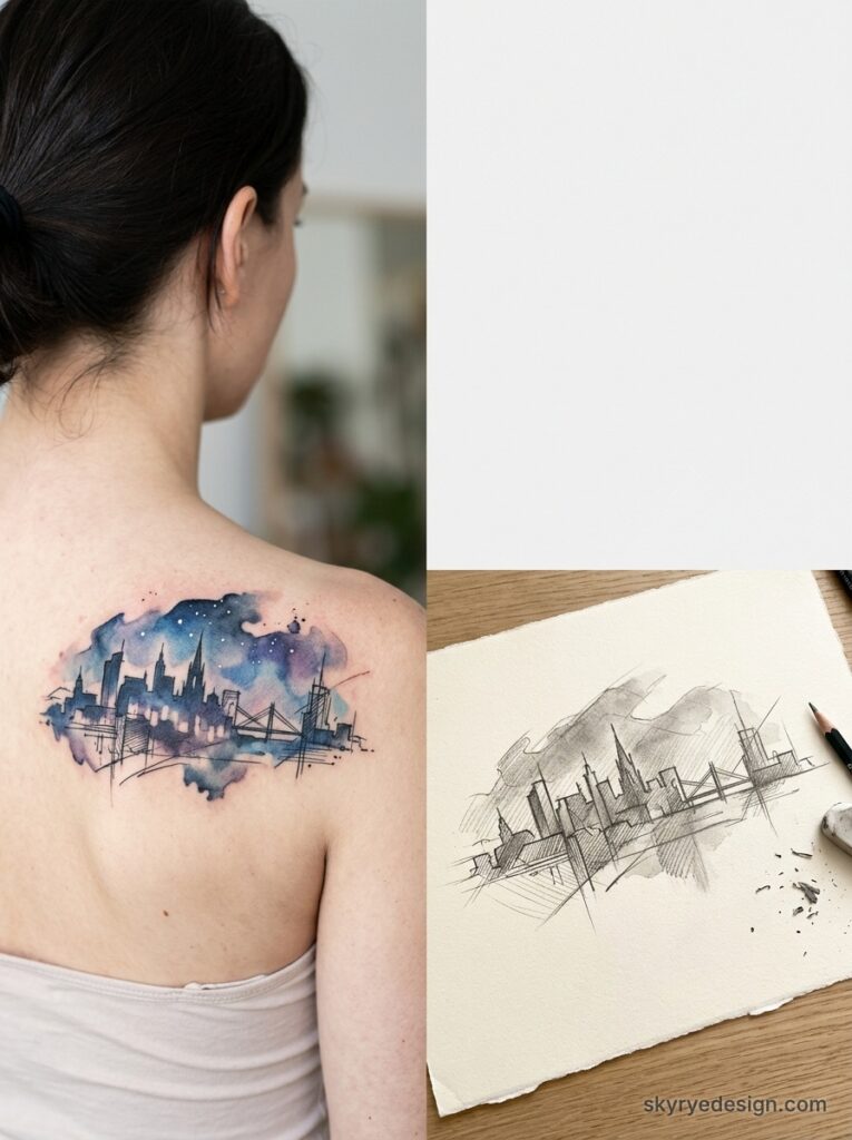 Watercolor city skyline tattoo on person's upper back, tattoo design sketch beside it