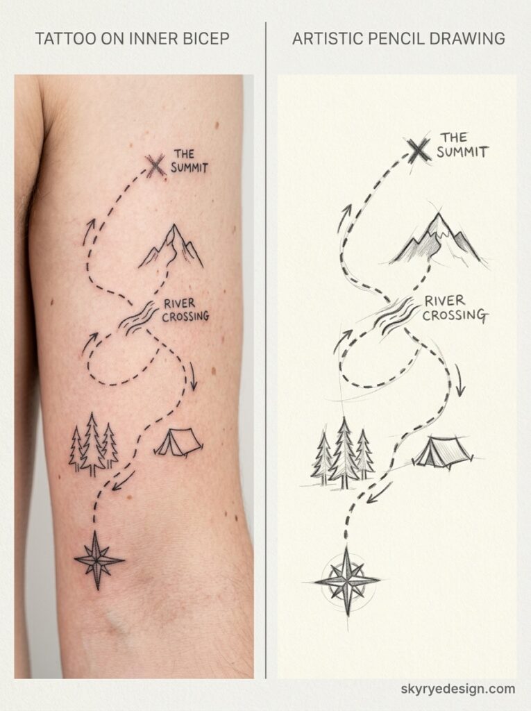 Minimal map tattoo on inner bicep: compass, dotted path, trees, tent, river crossing, mountain and 'The Summit' label.