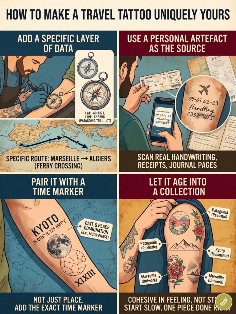 Infographic showing tips to personalize travel tattoos with coordinates, real artifacts, time markers, and cohesive sets