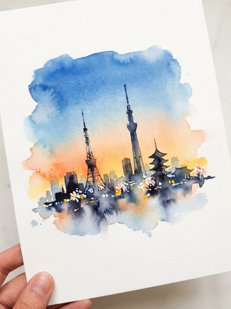 Watercolor city skyline with tall towers and a pagoda against a blue-to-orange sunset sky.