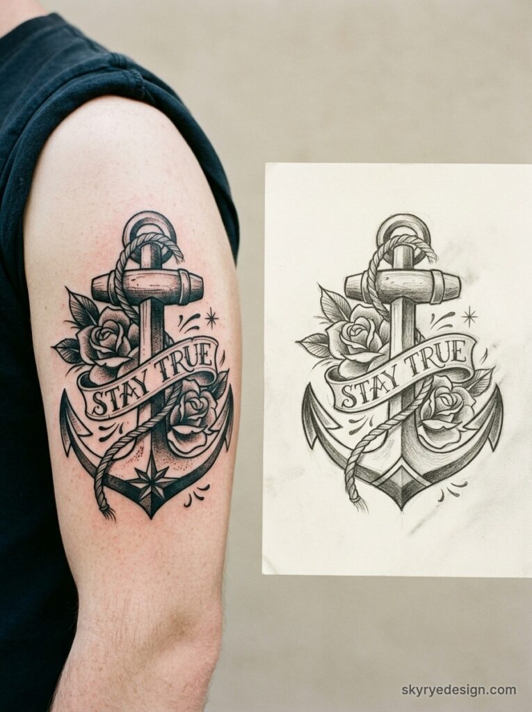 Blackwork anchor tattoo with rope, roses and 'Stay True' banner on upper arm with matching pencil sketch