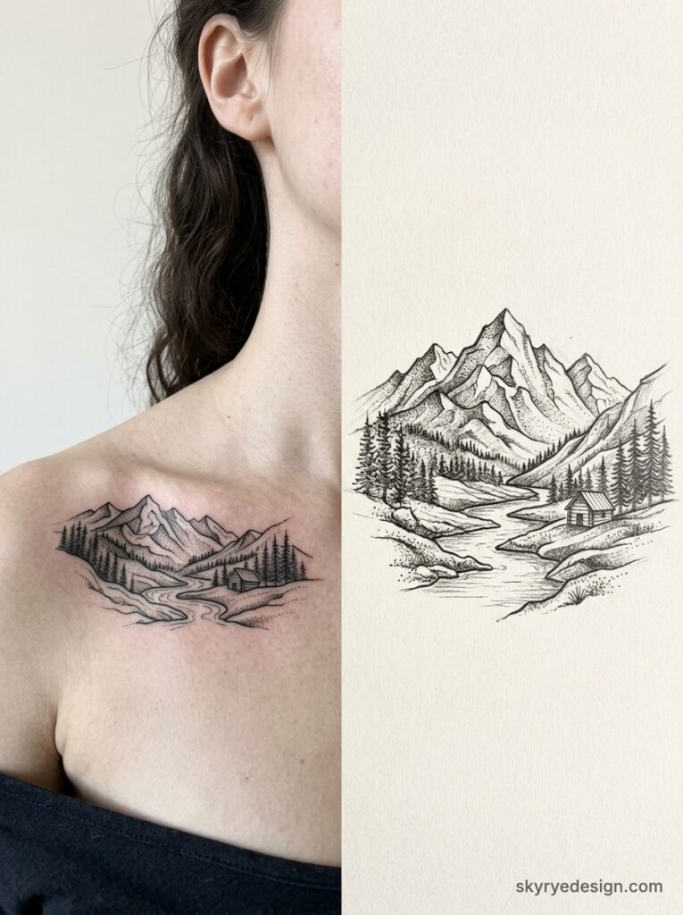 Delicate black linework mountain landscape tattoo on upper chest featuring cabin, river and pine trees beside original sketch