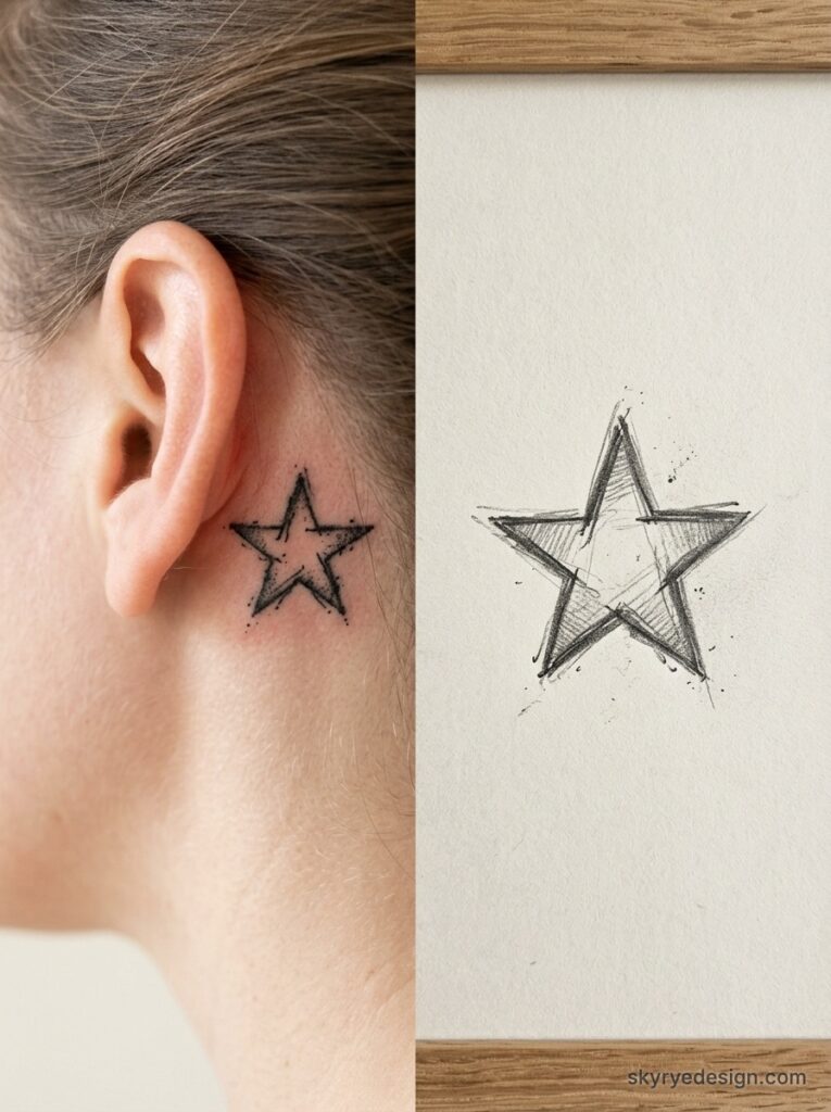 Small black star tattoo behind ear next to hand-drawn star sketch on paper - ear tattoo design inspiration