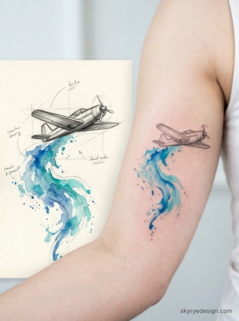 Airplane watercolor tattoo with blue wave on inner upper arm, shown with pencil sketch design