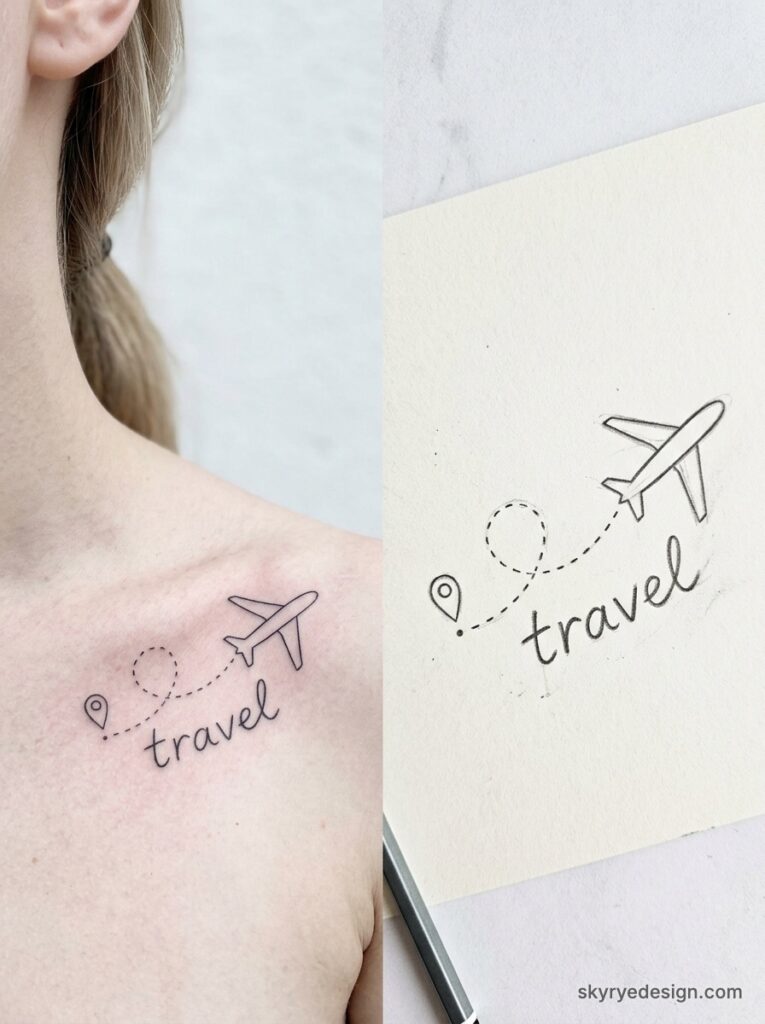 Minimal collarbone tattoo of airplane with dotted route, location pin and script travel, shown beside matching sketch