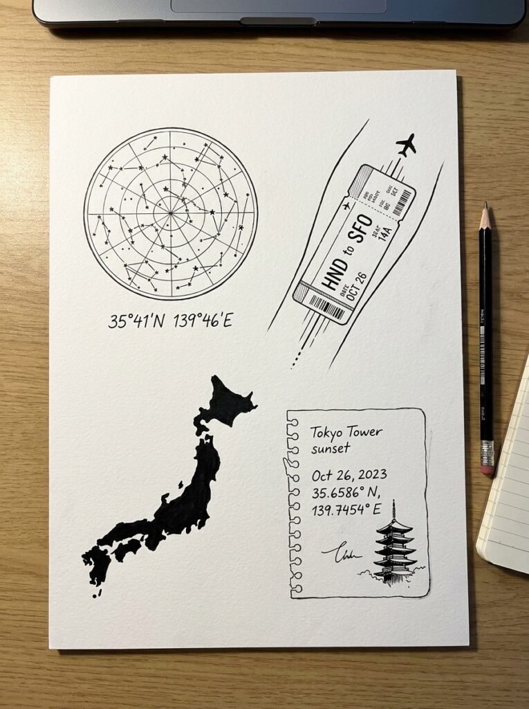 Hand-drawn travel-themed sketch showing Japan map, star chart with coordinates, HND→SFO boarding pass and Tokyo Tower notes