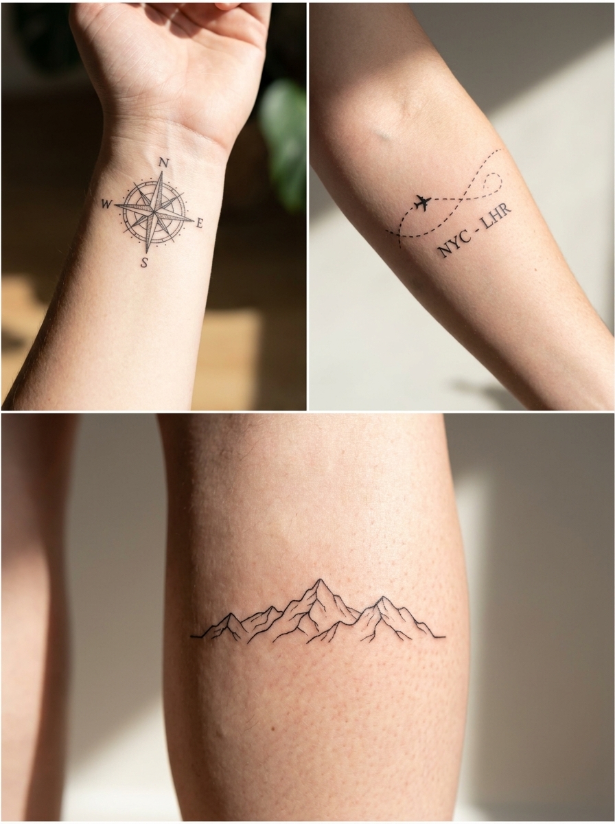 Collage of three tattoos: compass rose on the wrist, dotted airplane route with NYC-LHR on the forearm, and a minimalist mountain range circling the leg.