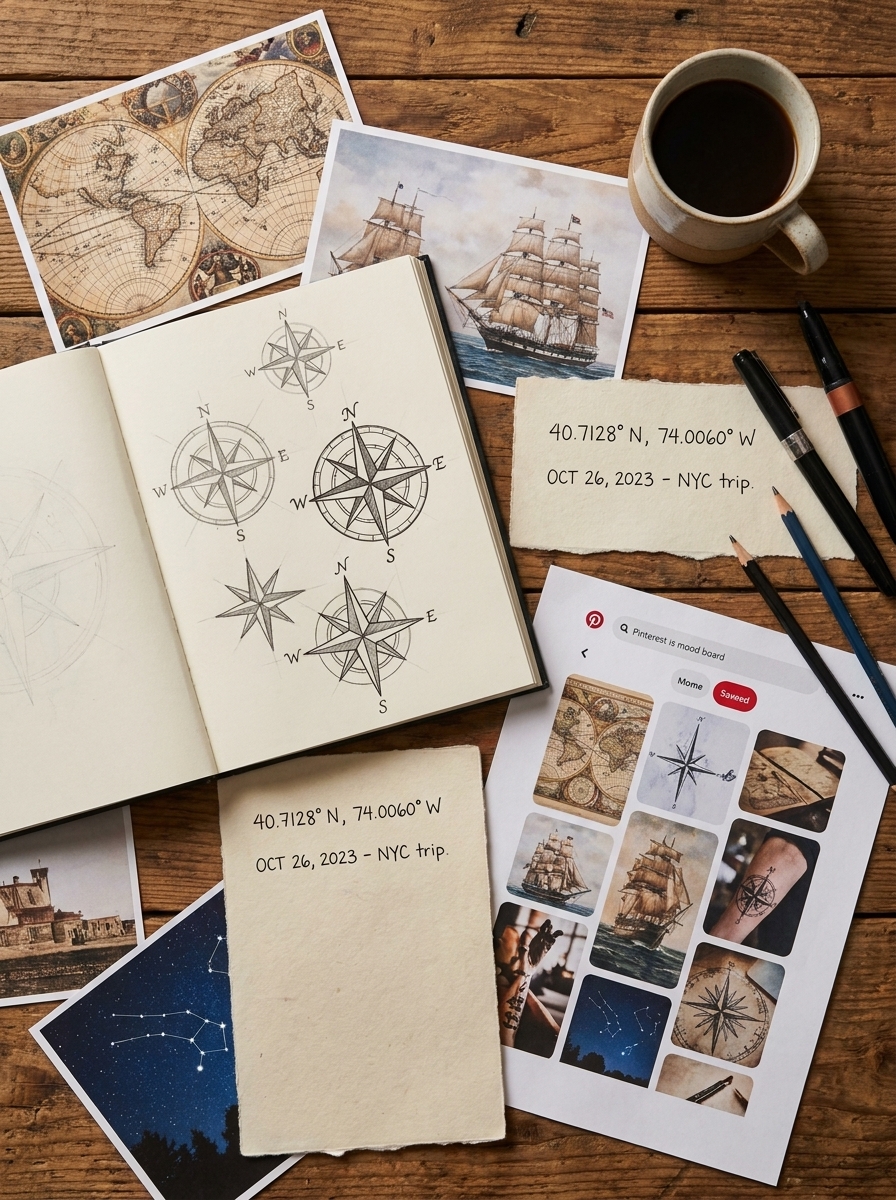 Travel mood board with compass sketches, vintage maps, ship prints, NYC coordinates note and coffee cup