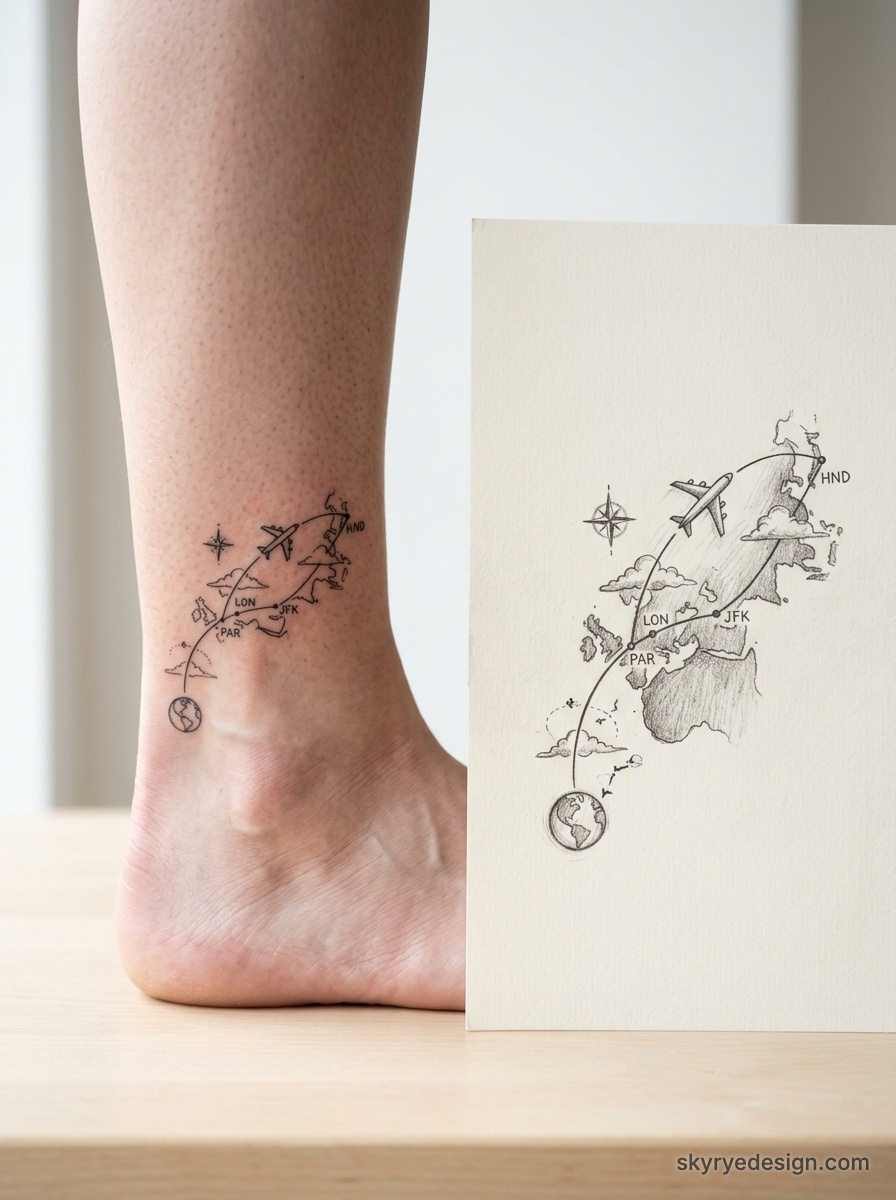 Minimal ankle travel tattoo of airplane flight path over stylized world map with LON, PAR, JFK, HND labels