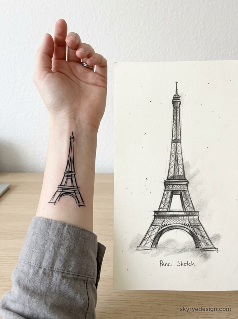 Minimalist Eiffel Tower wrist tattoo next to pencil sketch of Eiffel Tower tattoo design on a desk