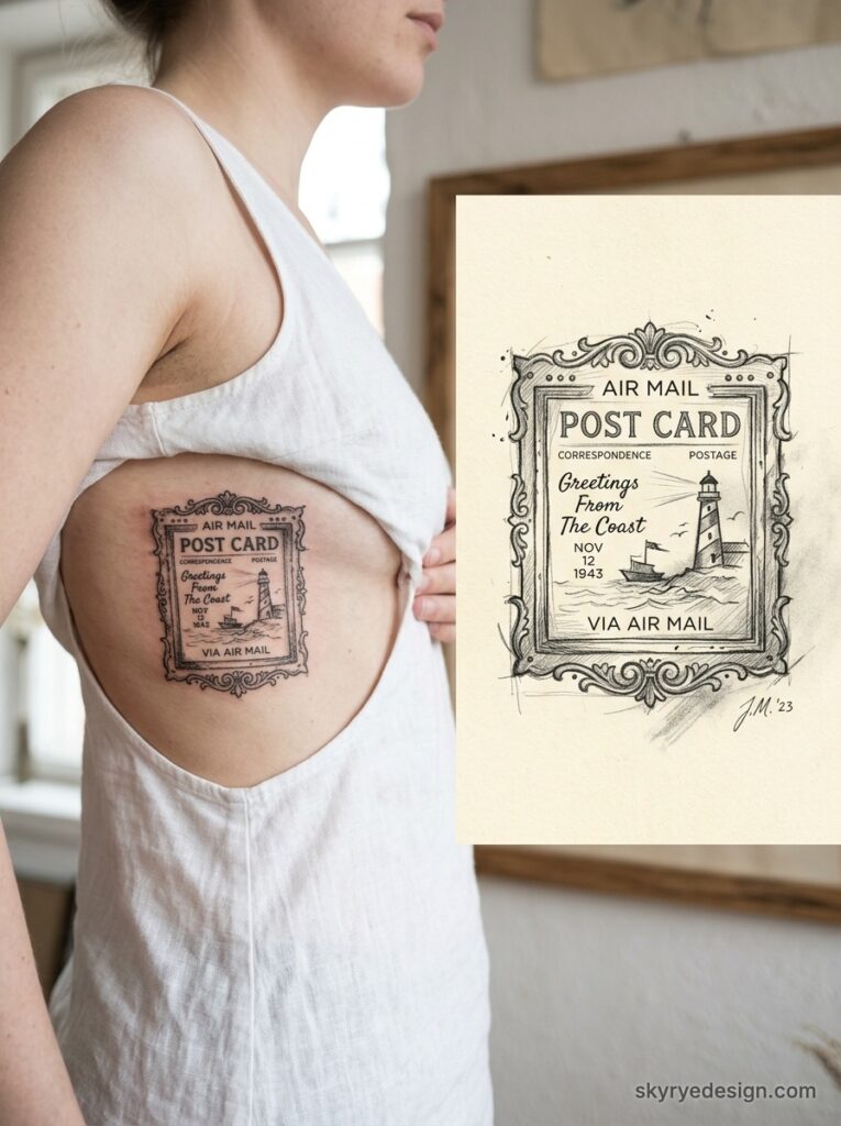 Side rib vintage air mail postcard tattoo of lighthouse and ornate frame reading Post Card on woman in white dress