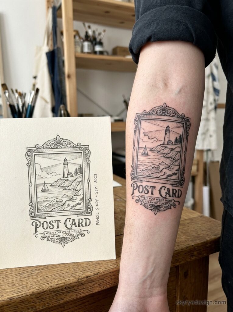 Atlantic Coast postcard-style lighthouse tattoo on forearm with matching printed design in studio