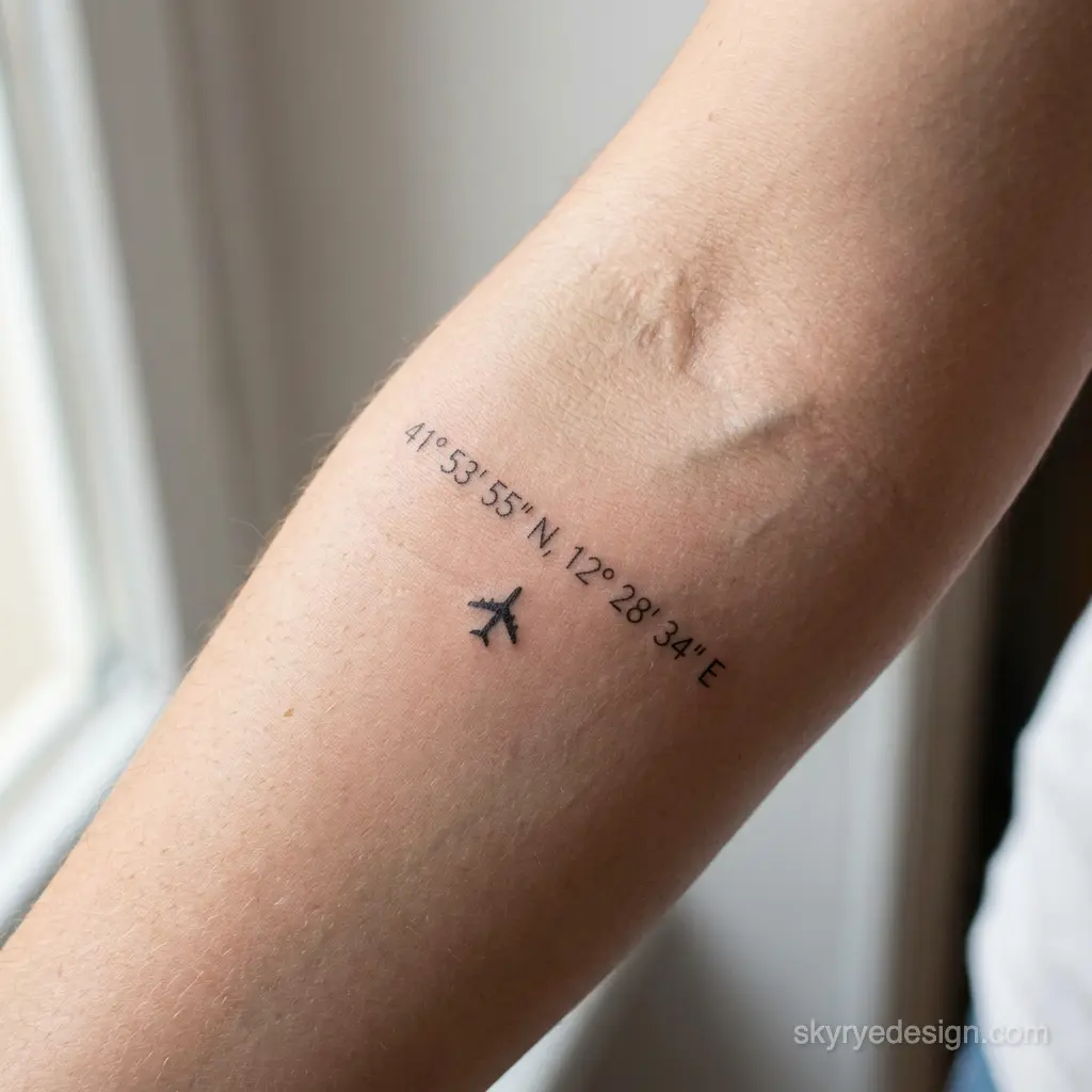Minimal travel tattoo on inner forearm: tiny black airplane and GPS coordinates 41°53'55N 12°28'34E
