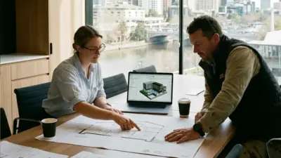 Architects reviewing building blueprints and 3D model on laptop in office meeting overlooking river and city skyline
