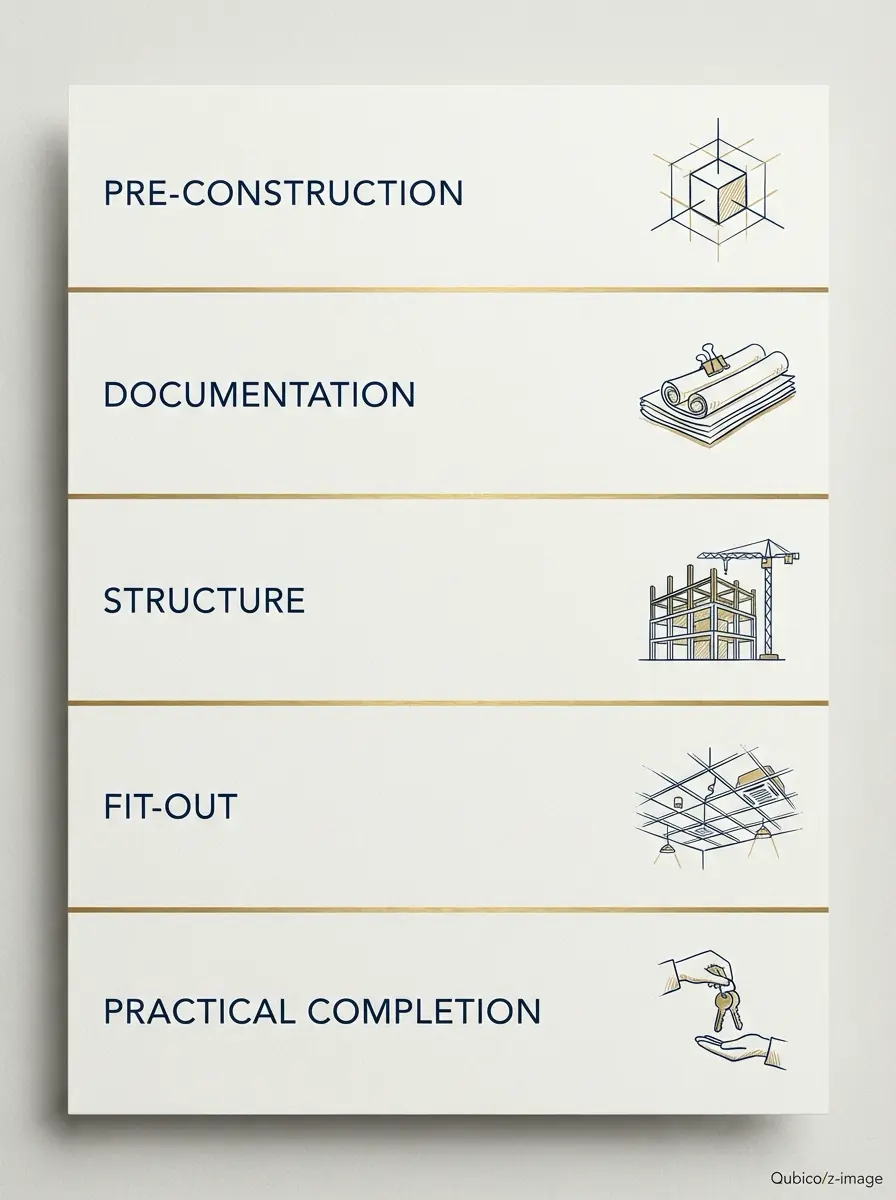 Construction project stages infographic: pre-construction, documentation, structure, fit-out, practical completion
