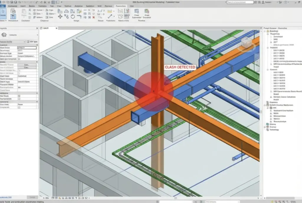 BIM clash detection screenshot showing intersecting steel beams and MEP conduits highlighted with a red CLASH DETECTED marker