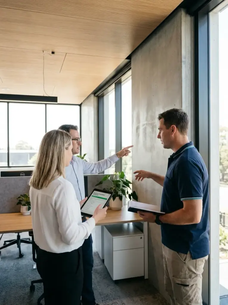 Three colleagues collaborating in a modern office by a window, woman with tablet, man pointing, notebook in hand