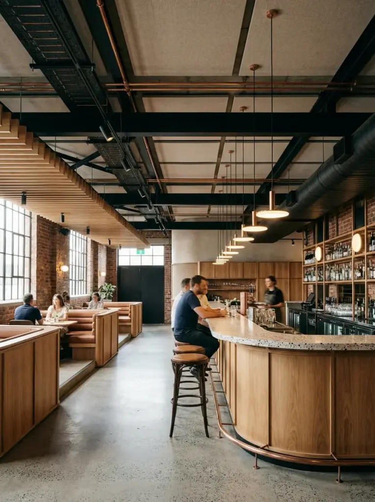 Industrial-chic restaurant interior with curved wooden bar, pendant lights, booth seating, exposed brick and patrons.