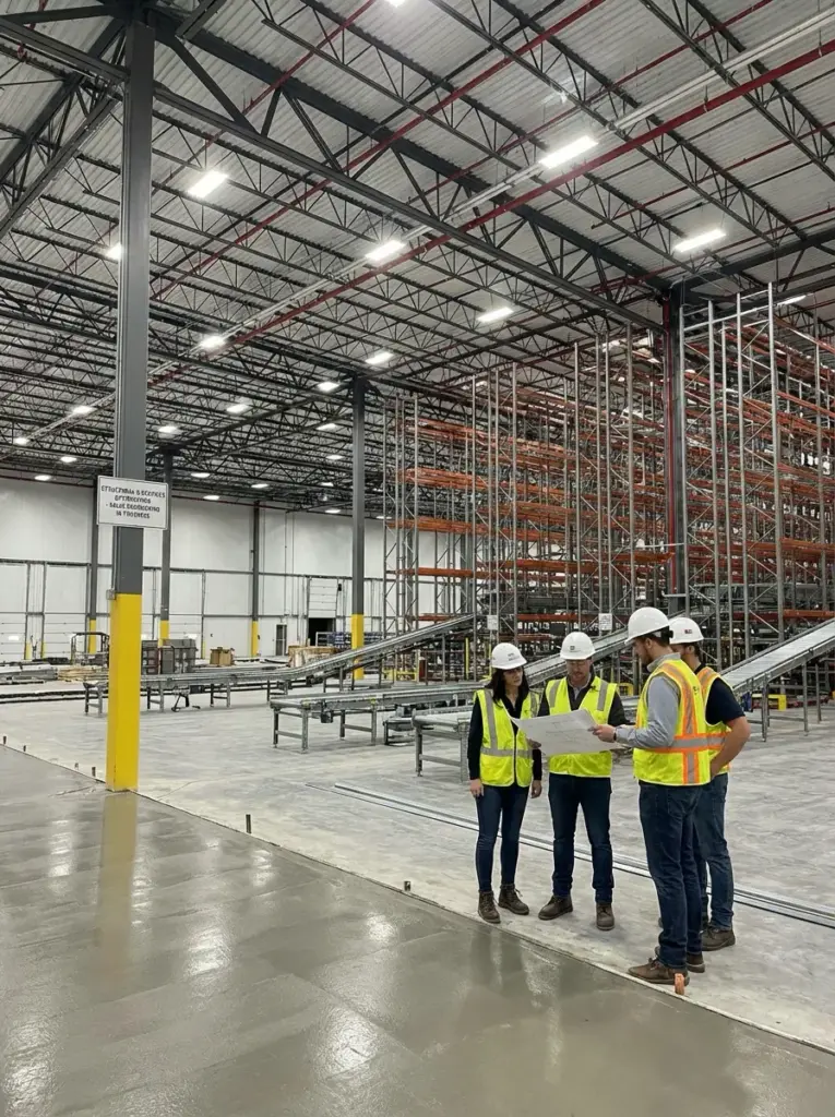 Construction crew in hard hats and hi-vis vests reviewing plans inside a large warehouse with conveyors and pallet racking.