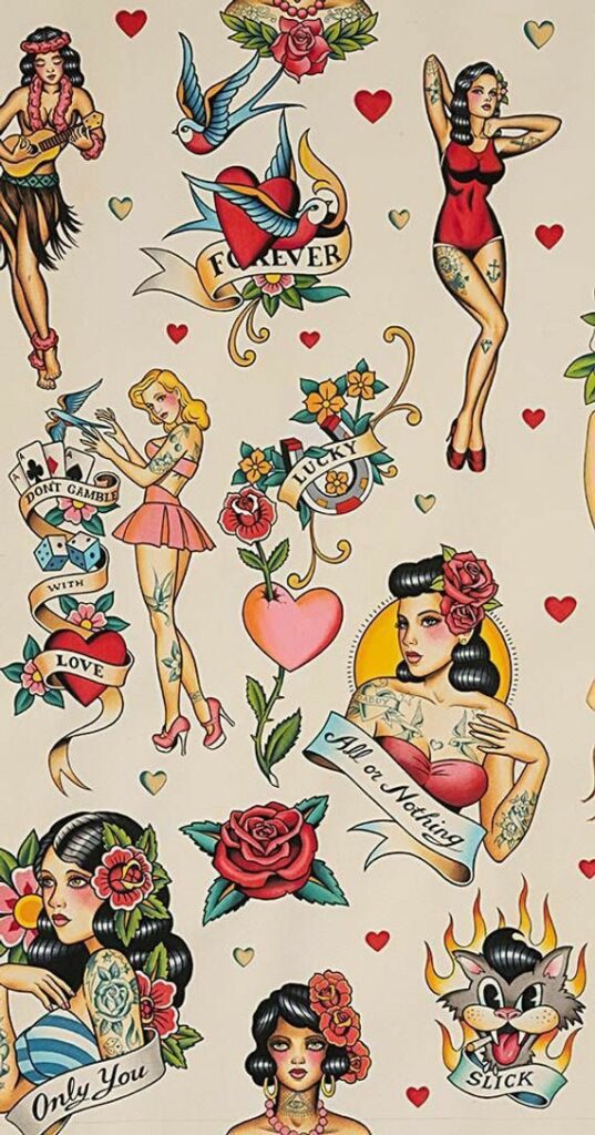 Vintage tattoo flash sheet with pin-up girls, hearts, roses, swallows and banners reading 'Forever', 'All or Nothing'