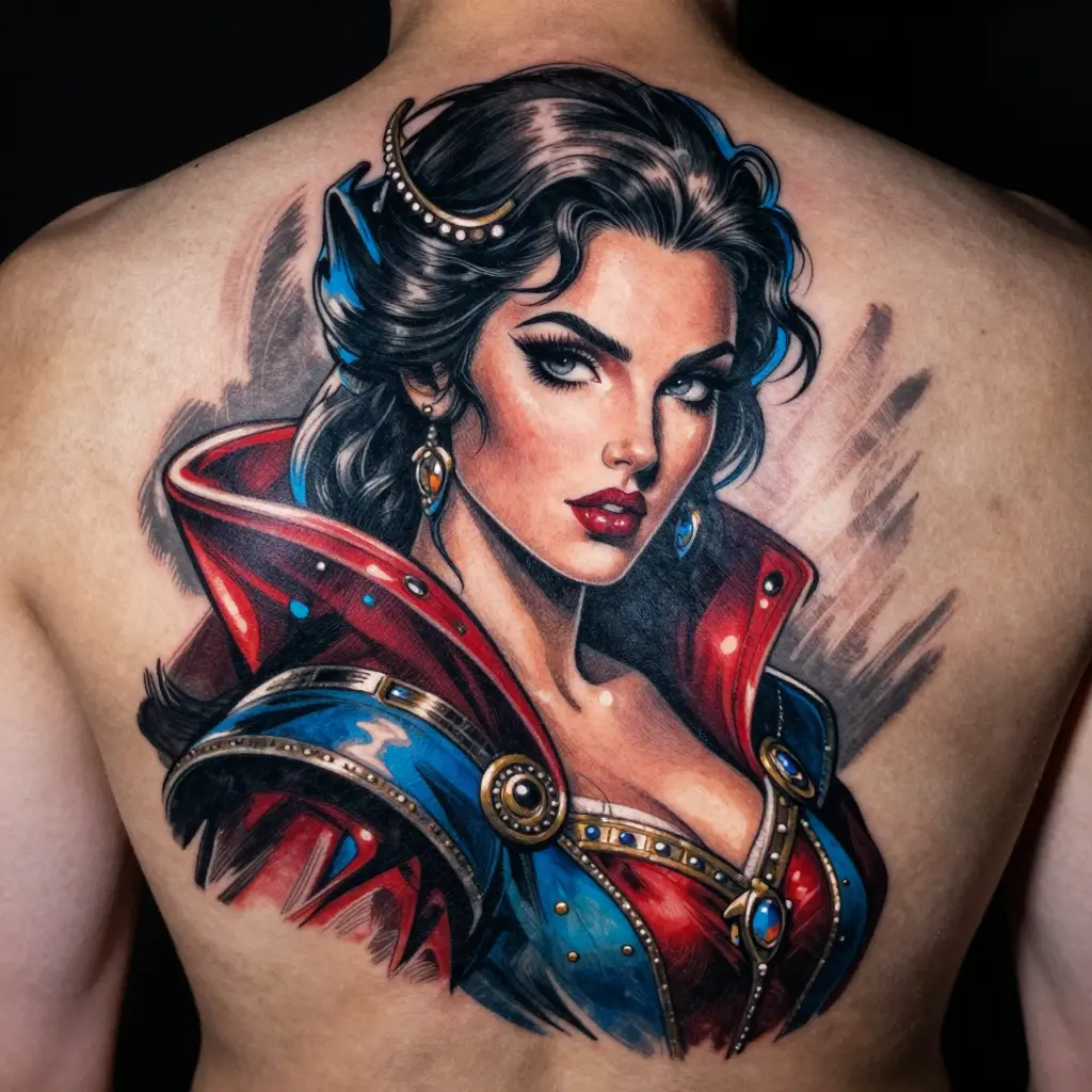 Colorful neo-traditional back tattoo of a glamorous female portrait in red and blue costume with fine detail