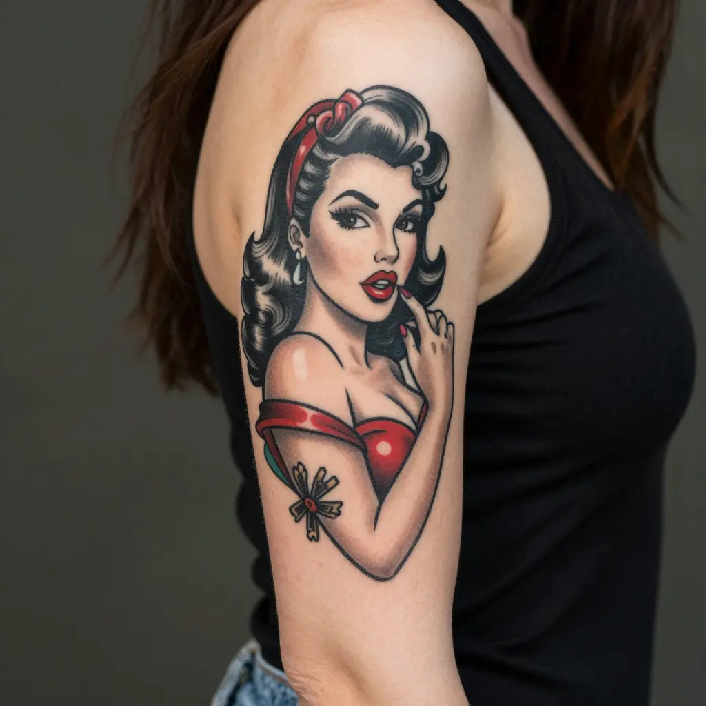 Retro pin-up woman tattoo on upper arm, black hair and red dress, colorful vintage-style ink