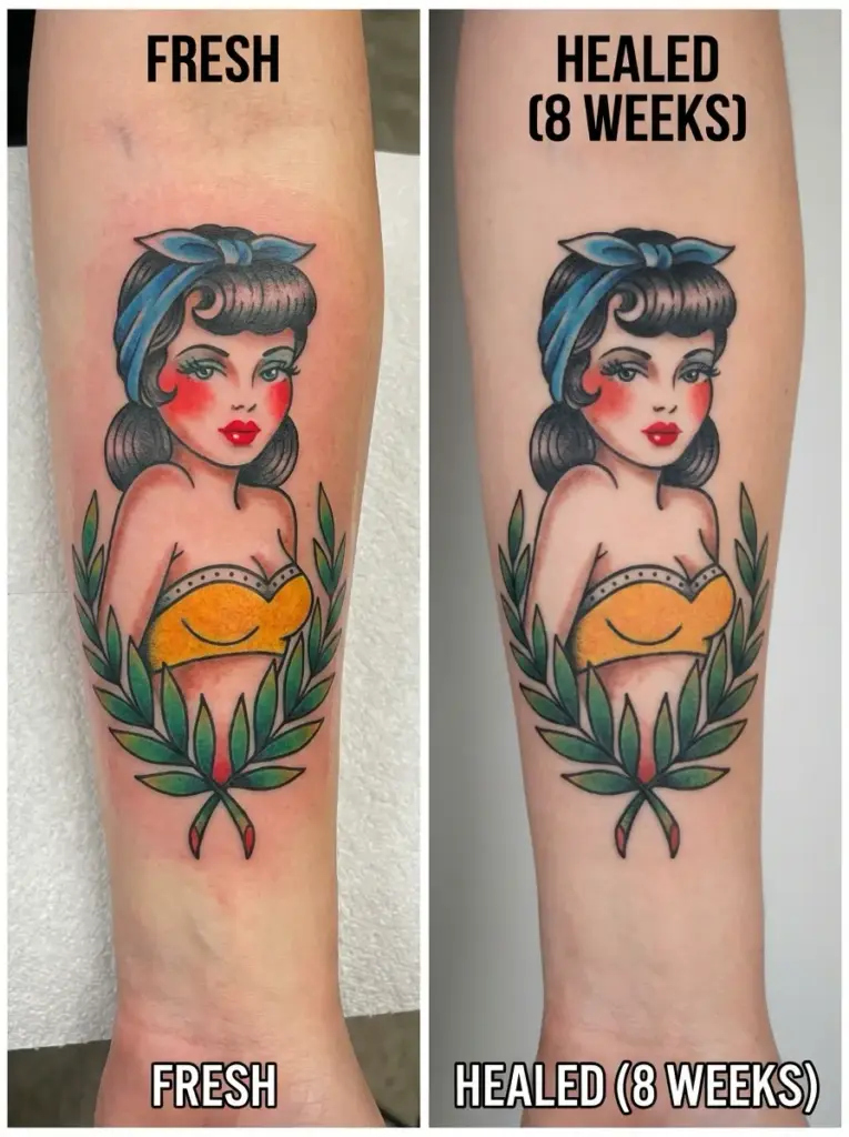 Forearm pinup girl tattoo before and after: fresh vs healed (8 weeks), showing color, shading and line retention