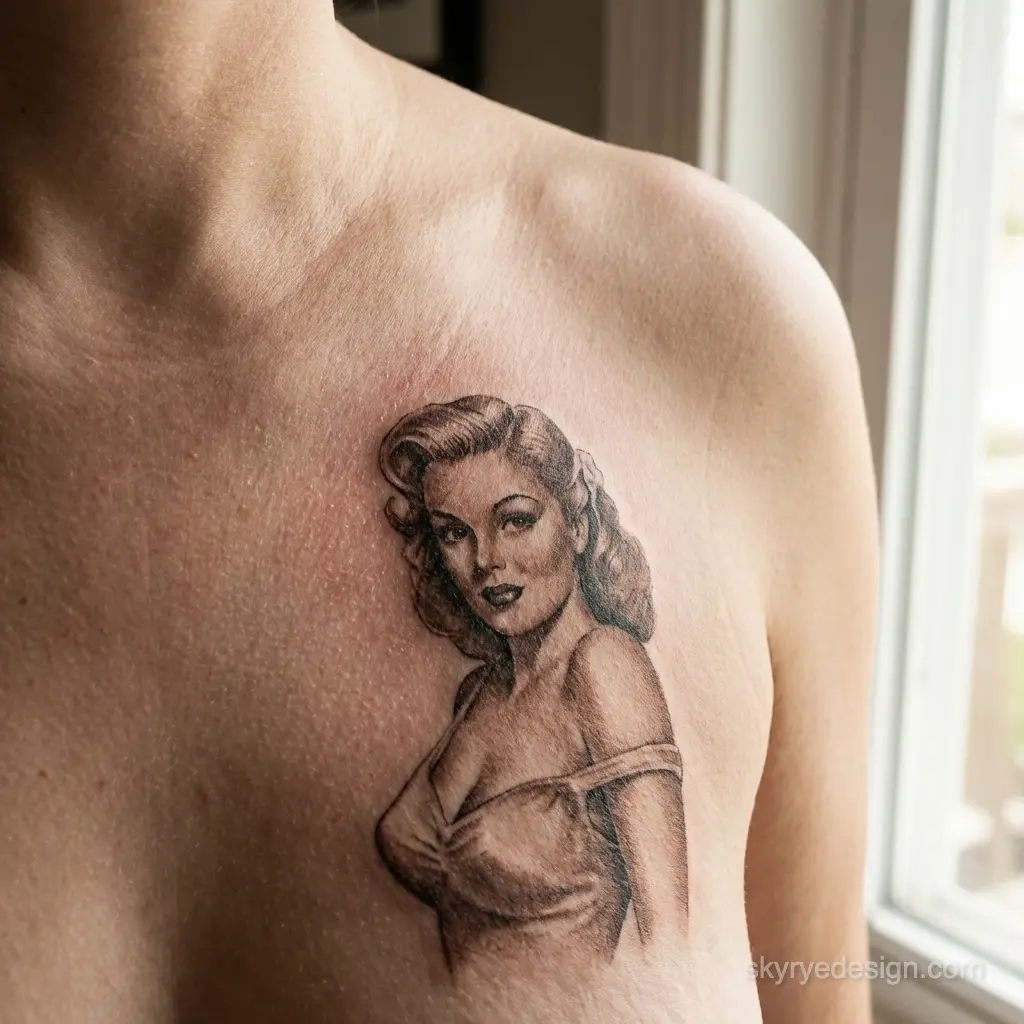 Black-and-gray vintage pin-up woman chest tattoo on upper left torso with realistic shading and retro style